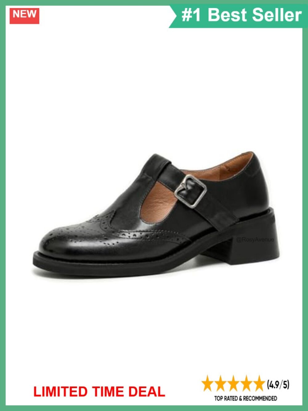Mary Jane Oxfords Chunky Wingtip T-Strap Calfskin Leather Mid Heel